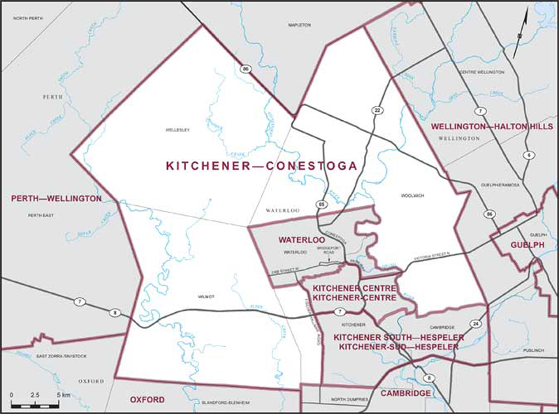 Consisting of that part of the Regional Municipality of Waterloo comprised of: (a) the townships of Wellesley, Wilmot and Woolwich; and (b) that part of the City of Kitchener lying westerly of Fischer-Hallman Road. Kitchener-Conestoga riding boundary