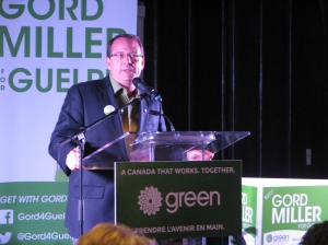 Mike Schreiner speaking at Gord Miller's GPC Town Hall in Guelph
