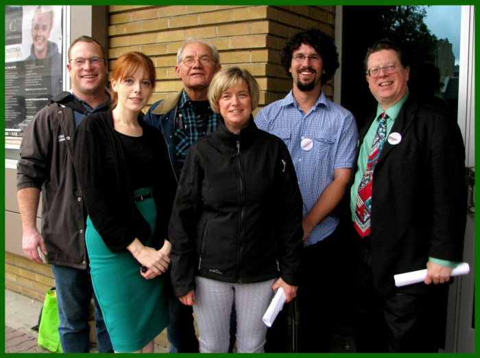 Ken Burns (Brantford-Brant candidate), Temara Brown (WRGreens Cambridge GPO Candidate), Jason Shaw (Fair Vote Canada) and Bob Jonkman (WRGreens Kirchener-Copnestoga and Fair Vote Waterloo) 