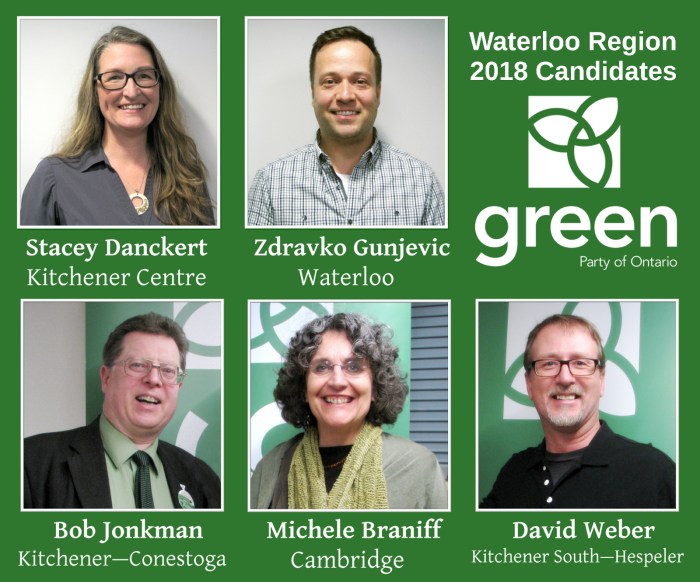 • Stacey Danckert: Kitchener Centre • Zdravko Gunjevic: Waterloo • Bob Jonkman: Kitchener—Conestoga • Michele Braniff: Cambridge • David Weber: Kitchener South—Hespeler