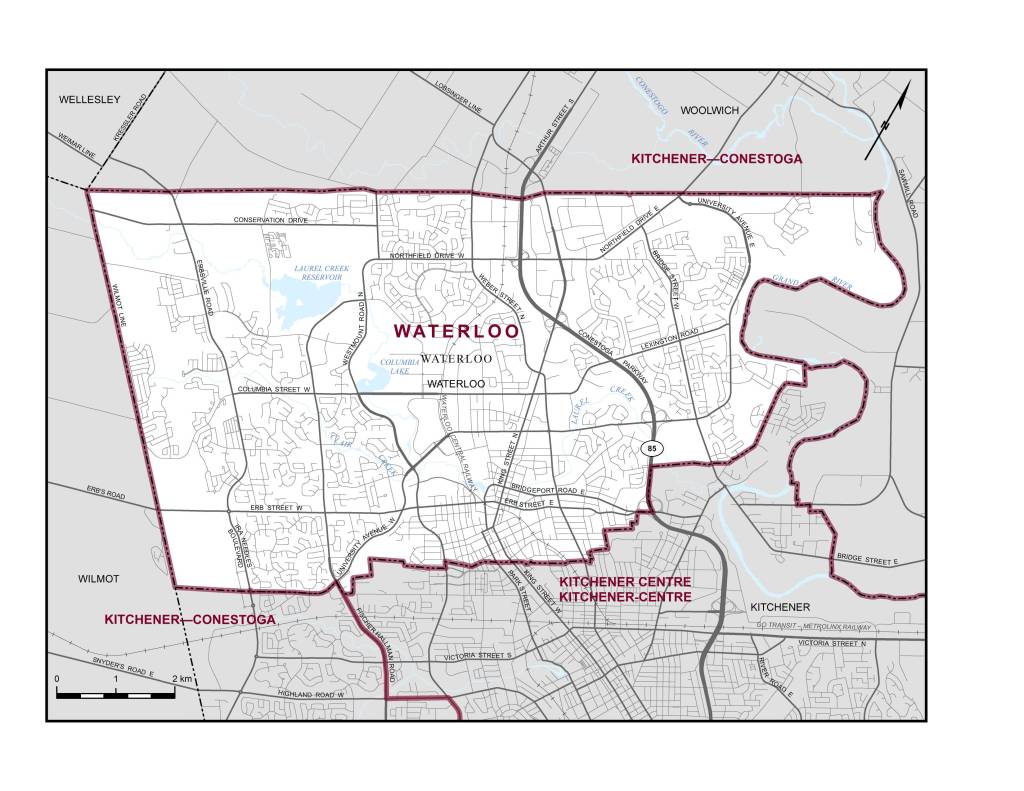 Consisting of that part of the Regional Municipality of Waterloo comprised of: (a) the City of Waterloo; and (b) that part of the City of Kitchener lying northerly of the Canadian National Railway and northeasterly of Conestoga Parkway.